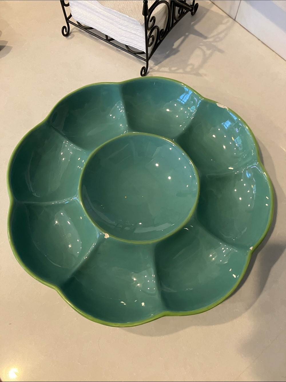 Green Ceramic Serving Platter with Center Bowl - Home Dining